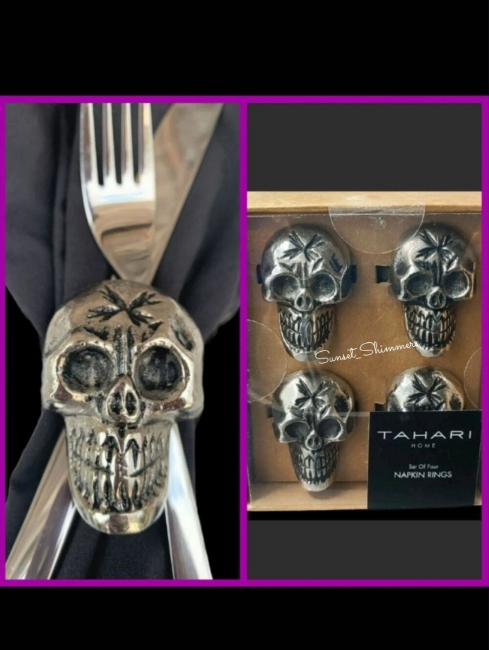 4pc Set Chunky Silver Metal Gothic Skull Head Halloween Napkin Rings by Tahari